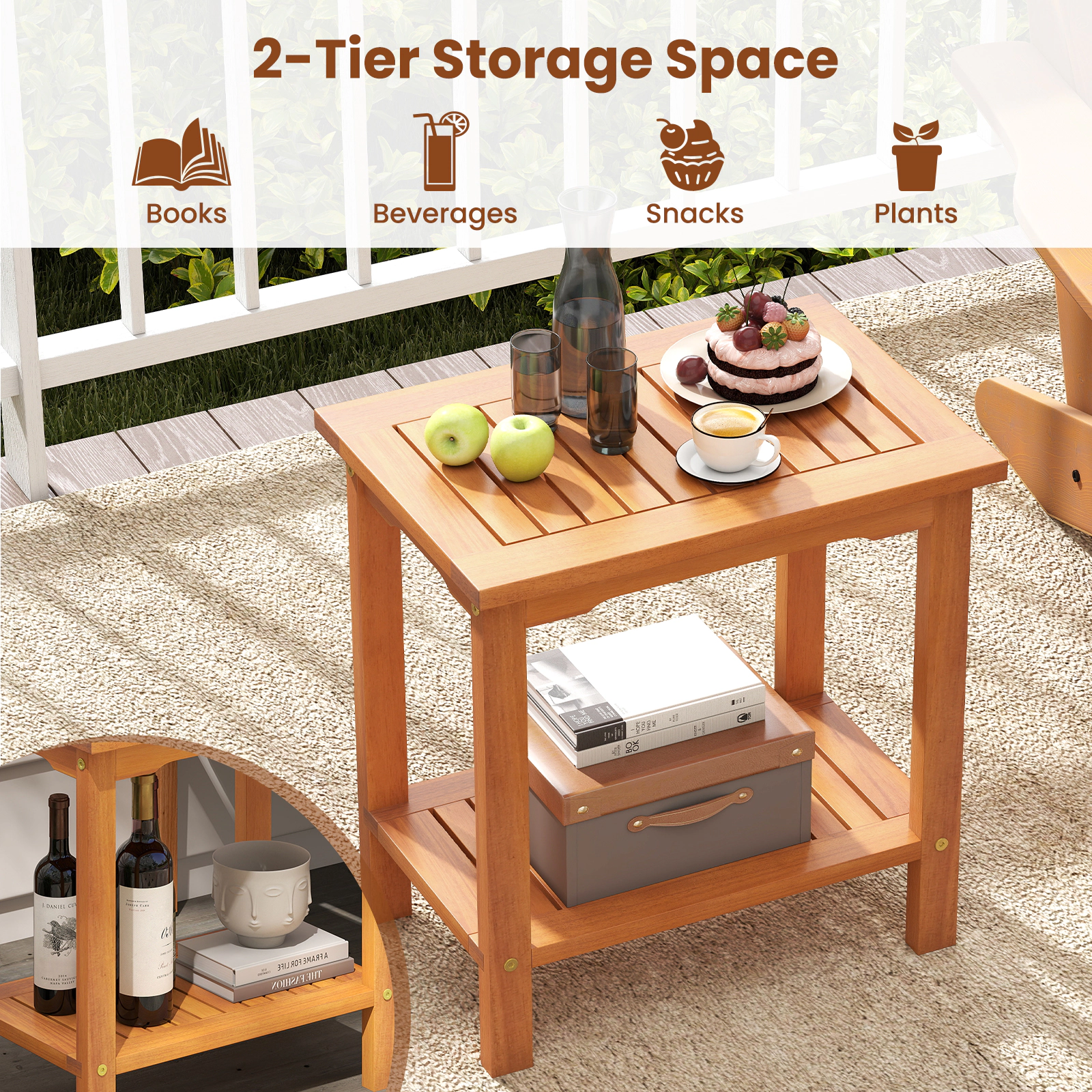 SUGIFT 19.5 in Outdoor Side Table Acacia Wood 2-Tier with Slatted Top and Storage Shelf