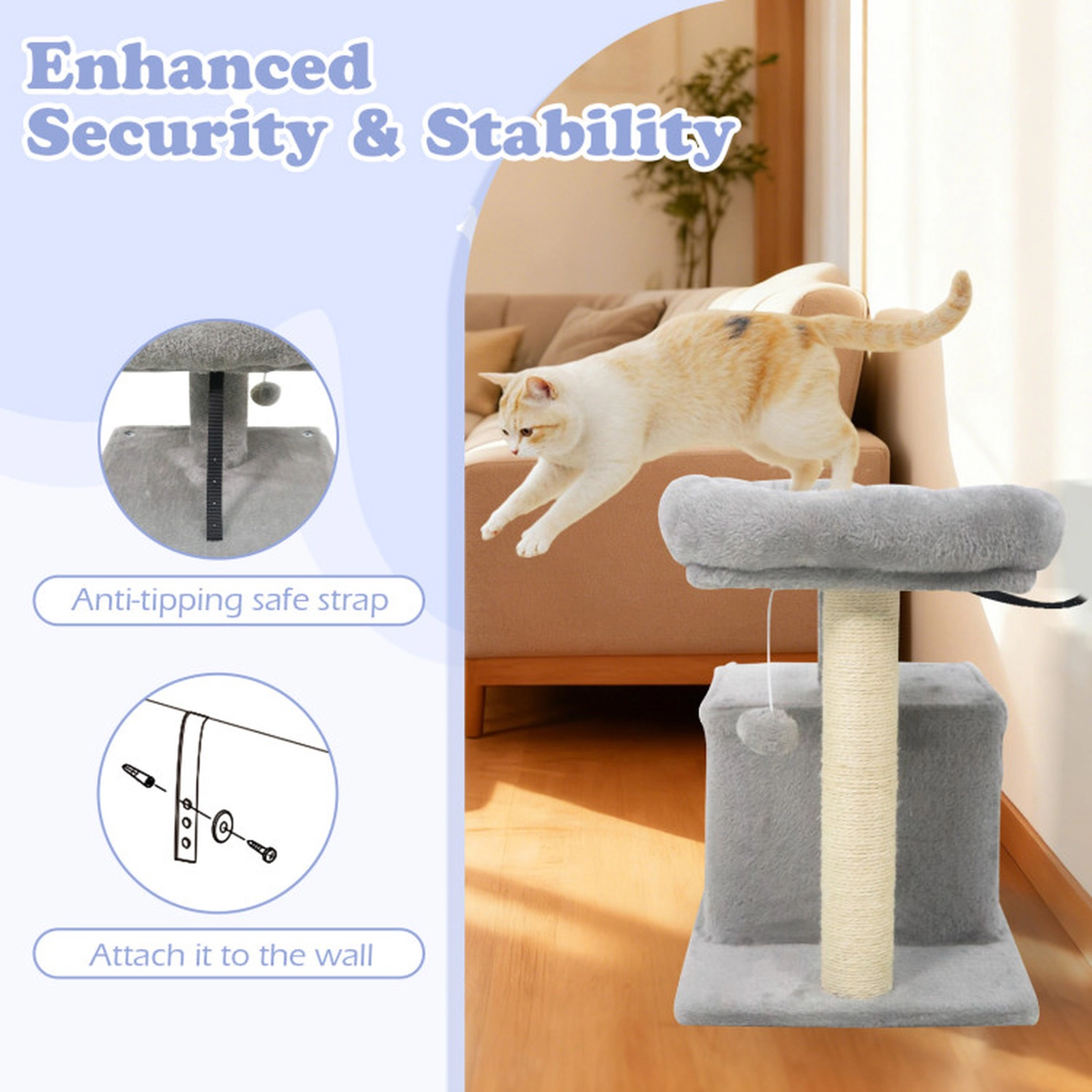 SUGIFT Light Gray Small Cat Tree with Large Padded Plush Perch and Bottom Condo