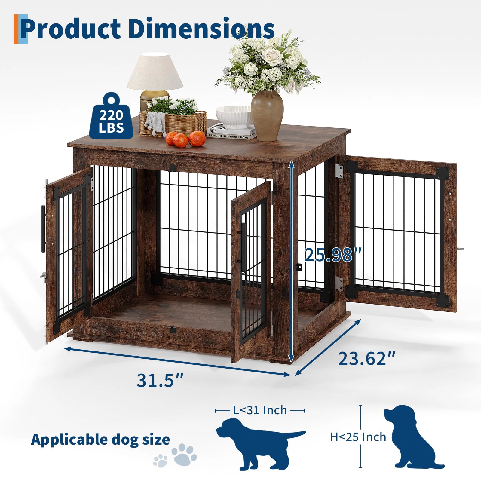 31.5" Wooden Dog Crate Furniture, Heavy Duty Chew-Resistant Indoor Kennel, Decorative End Table for Small/Medium Dogs