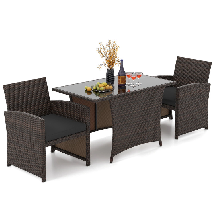 Hivvago 3 Piece Patio Wicker Dining Set With Rectangle Tempered Glass Dining Table-Brown