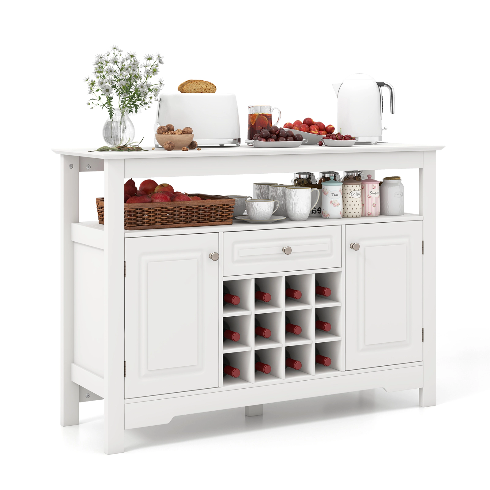 SUGIFT 12-Bottle Removable Rack 2 Side Cabinets Buffet Wine Cabinet 45.5-in x 16-in x 32.5-in 485-lb Capacity White