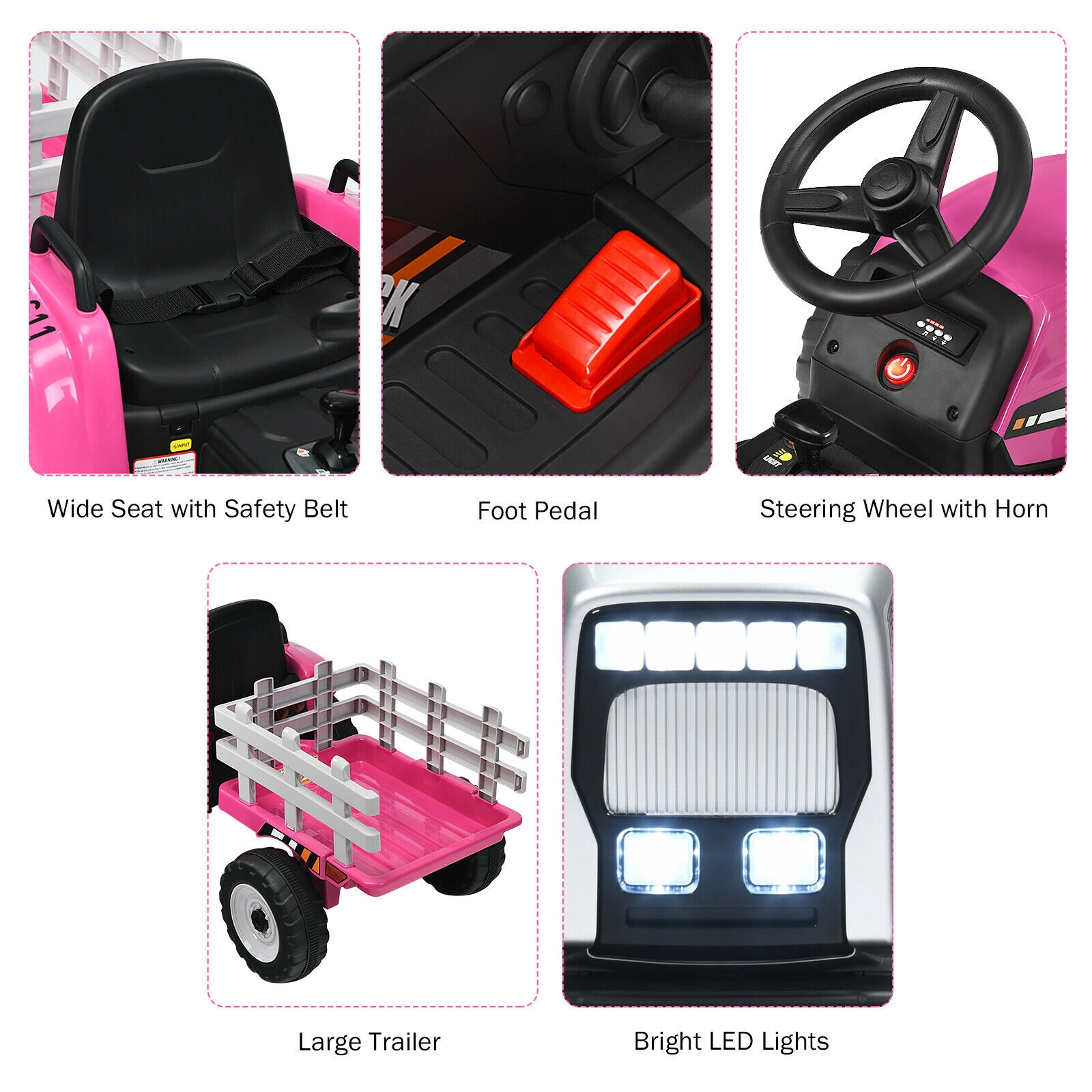 12V Kids Ride On Tractor Detachable Trailer 3-Gear Shift Handle 2.4G Parent Remote LED Headlights Ages 3+ Pink