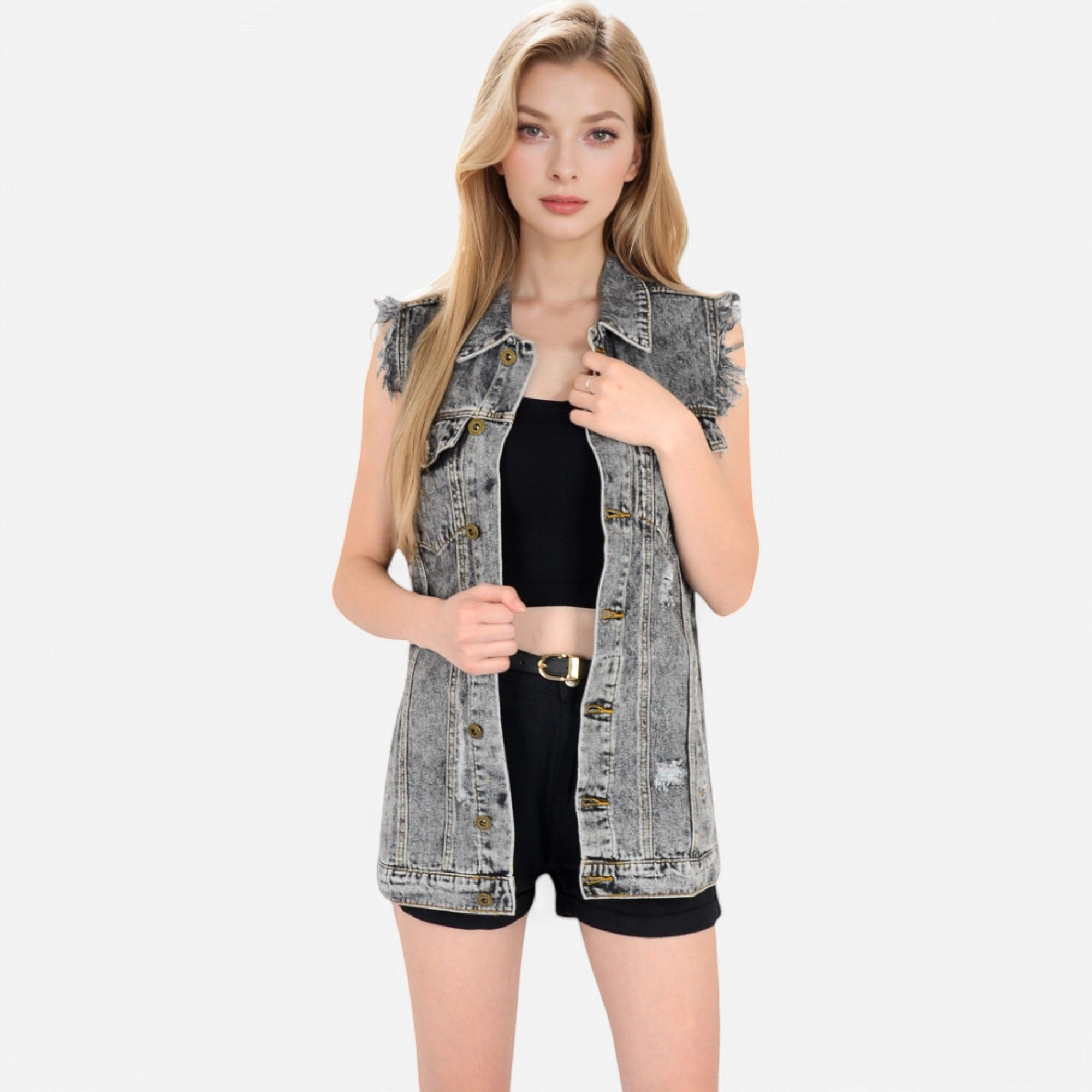 Anna-Kaci Women's Oversize Distressed Sleeveless Denim Vest