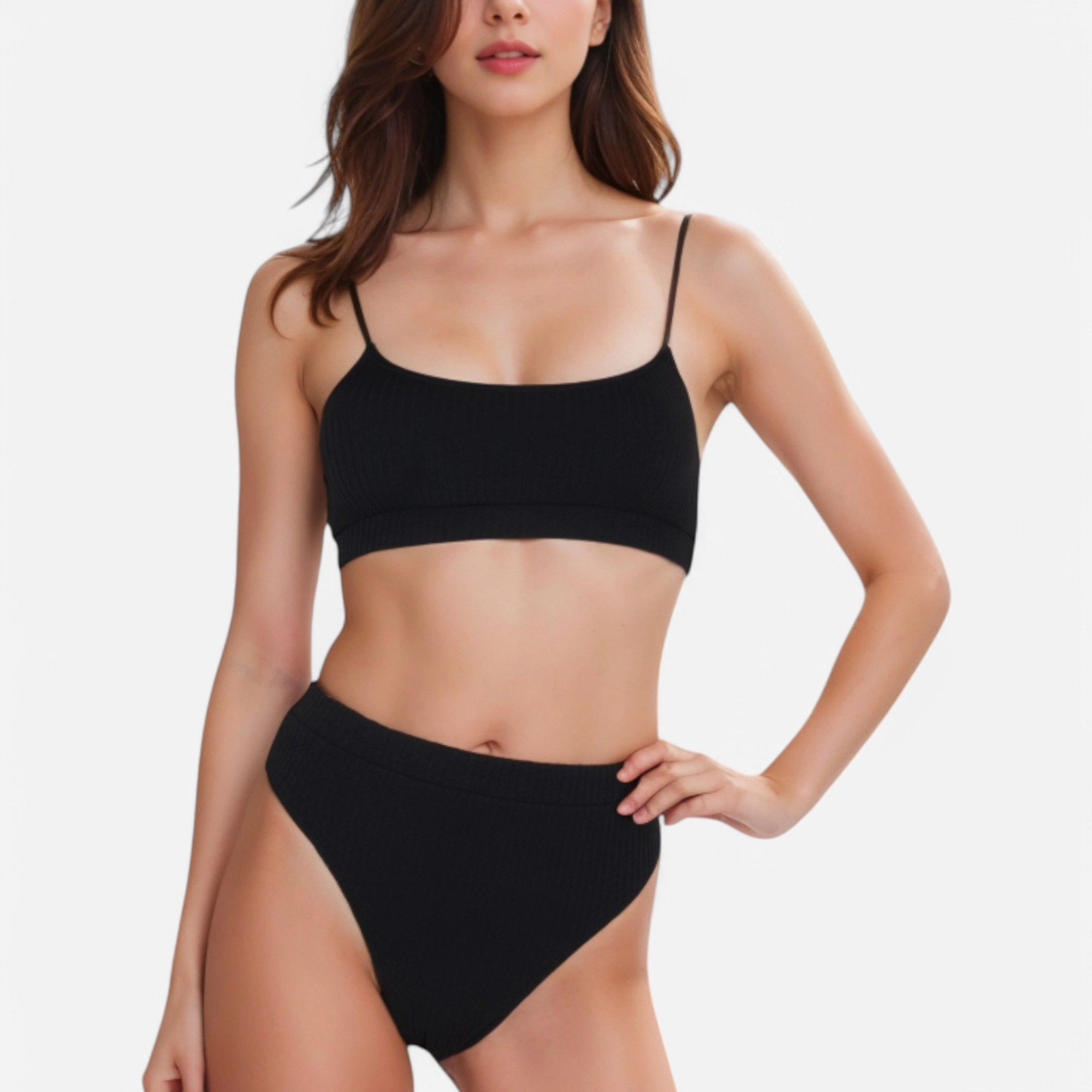 Anna-Kaci Women's Ribbed Bikini Set with Scoop Neck Bralette and High-Cut Bottoms