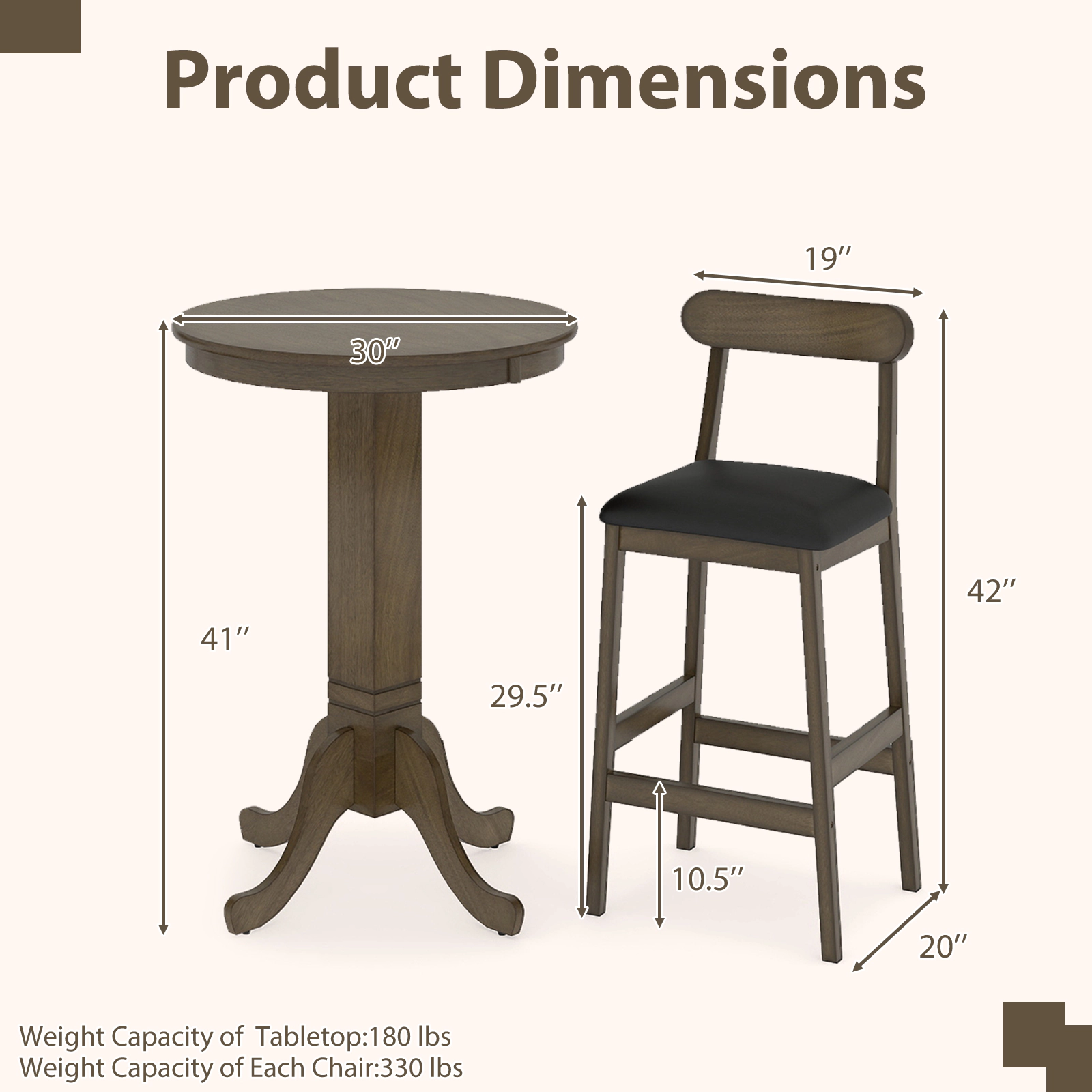 SUGIFT 3-Piece Oak Grey Round Pub Table Set for 2 with Pedestal Table and Bar Stools