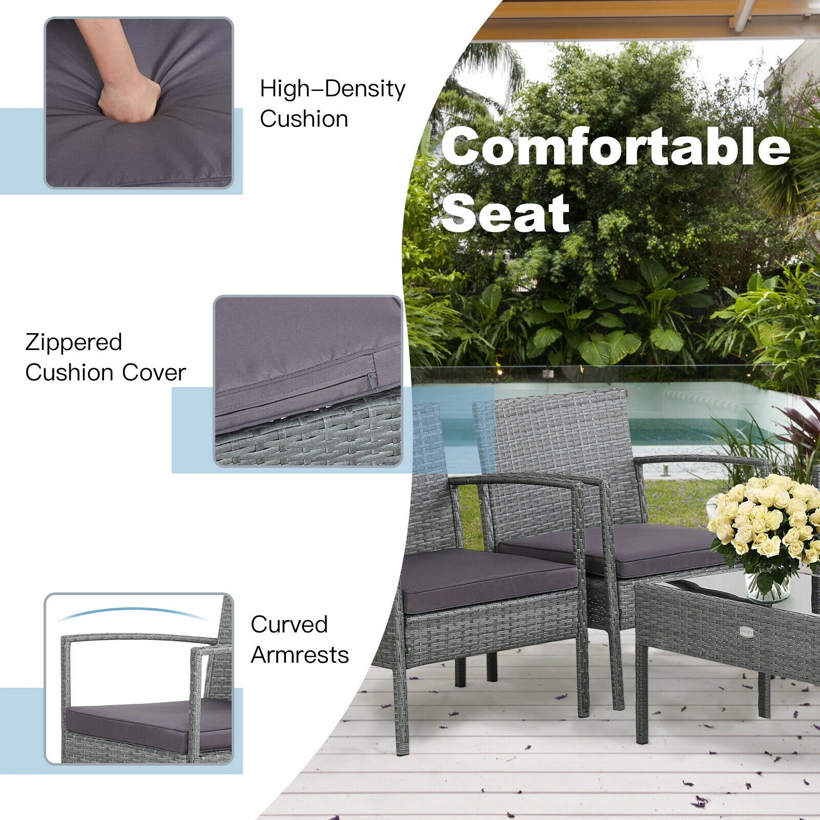 SUGIFT Gray Loveseat and Glass Coffee Table 4-Piece Outdoor Rattan Conversation Set
