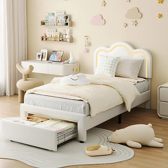 BebreezChic Girls Twin PU Platform Bed Frame with Drawer, Adjustable Upholstered Headboard and Smart LED Lights
