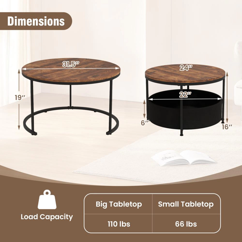 Hivvago Round Coffee Table Set Of 2 Circle Cocktail With Storage Basket