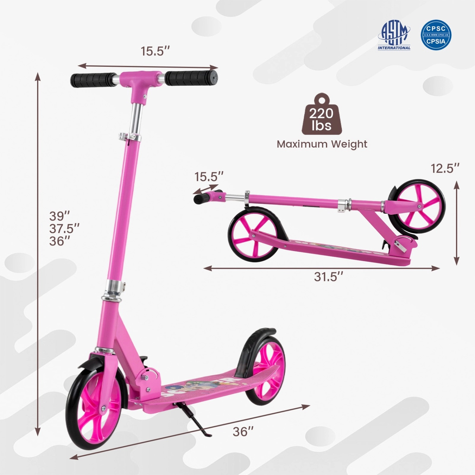 SUGIFT Folding Scooter with 3 Adjustable Heights 220-lb Capacity Ages 8+ Pink