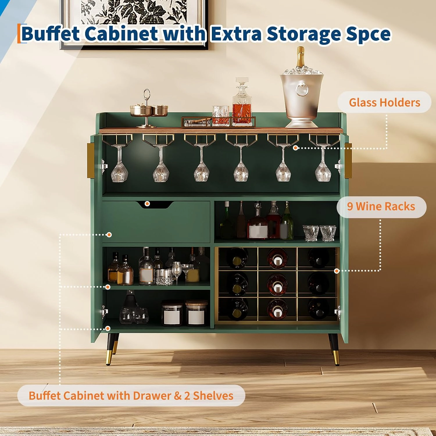 BebreezChic Modern Small Sideboard Buffet Cabinet with Fluted Doors, Wine Bar & Coffee Bar, Wine Rack