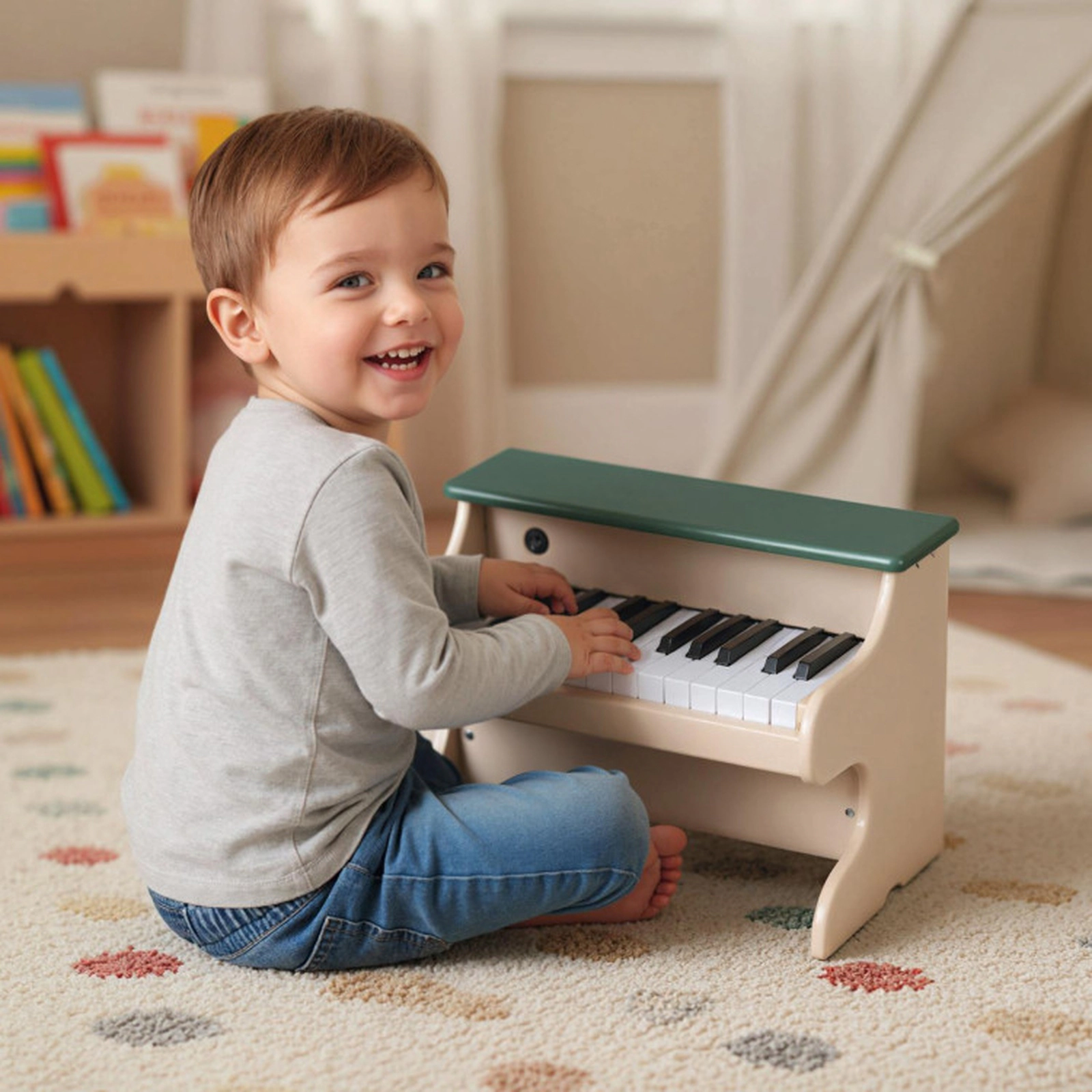 SUGIFT Green 25-Key Wooden Kids Digital Piano Toy with Widened Legs Rounded Corners and Removable Music Stand
