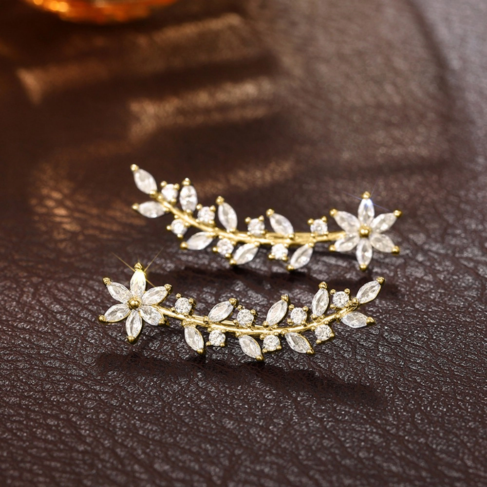 Floral Leaf Cubic Zirconia Ear Climber Hook Earrings