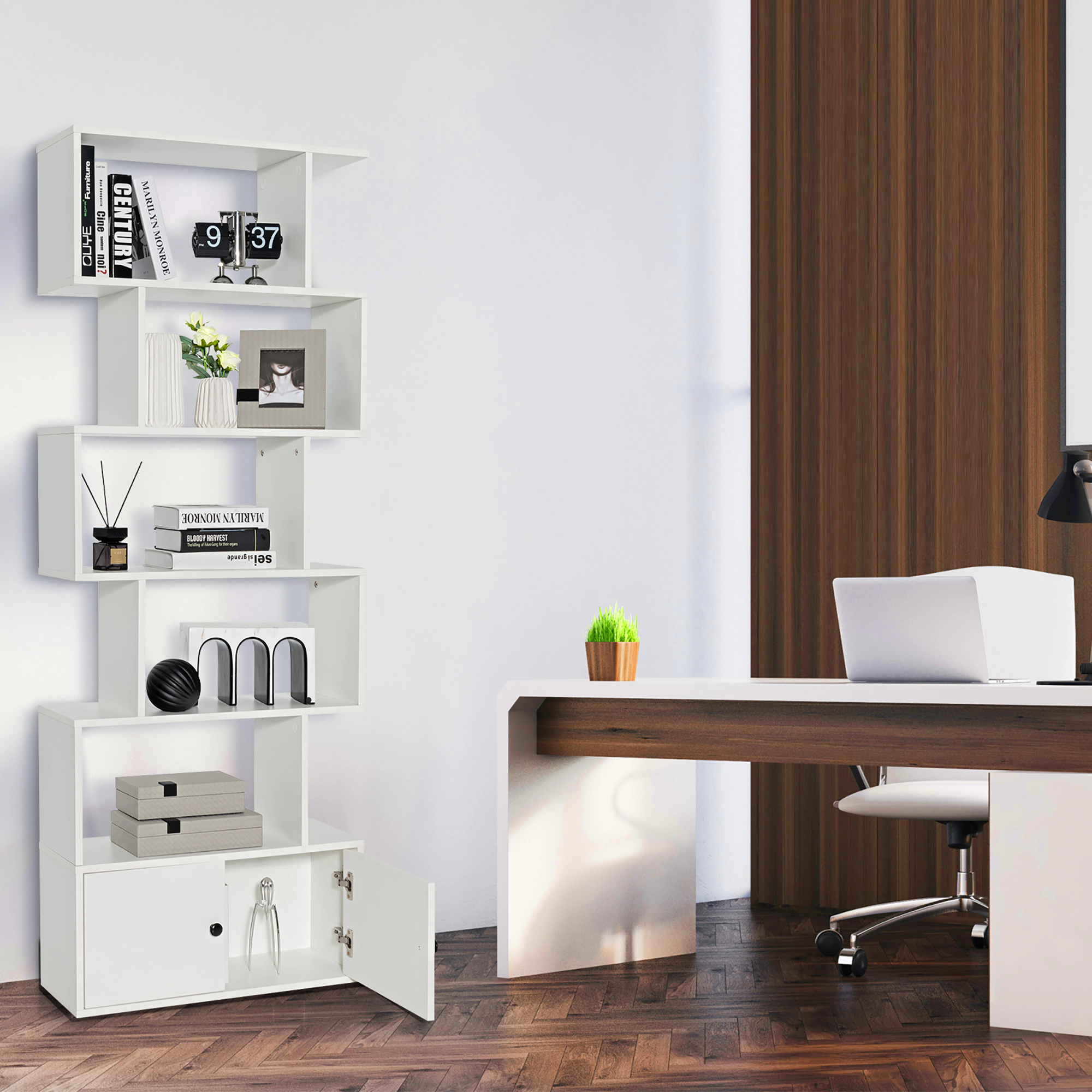 Costway Bookshelf with Cabinet 6-Tier S-Shaped Bookcase Storage Rack White