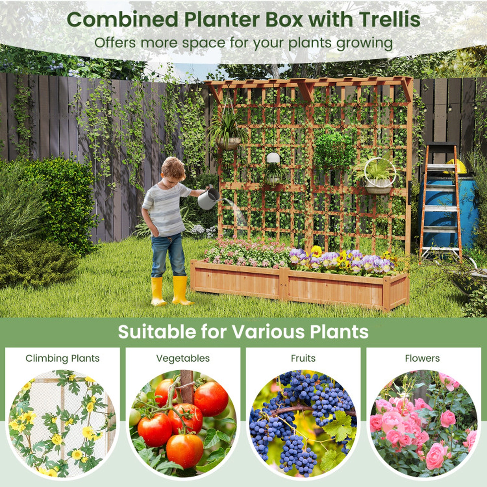 SUGIFT Orange Large Wood Raised Garden Bed with 2 Planter Boxes and Hanging Roof 71-in W 19-in D 72-in H