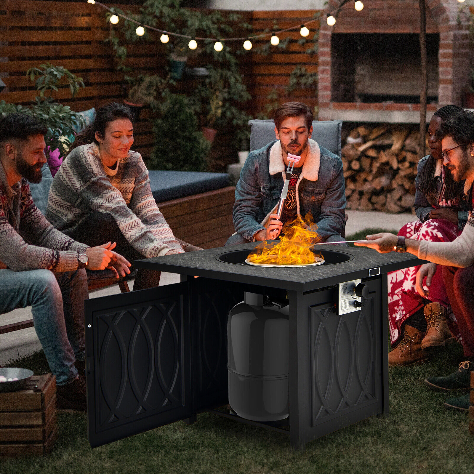 SUGIFT 32-Inch Square Propane Fire Pit Table, 50,000 BTU, Auto Ignition, Ore Powder Top, Cover