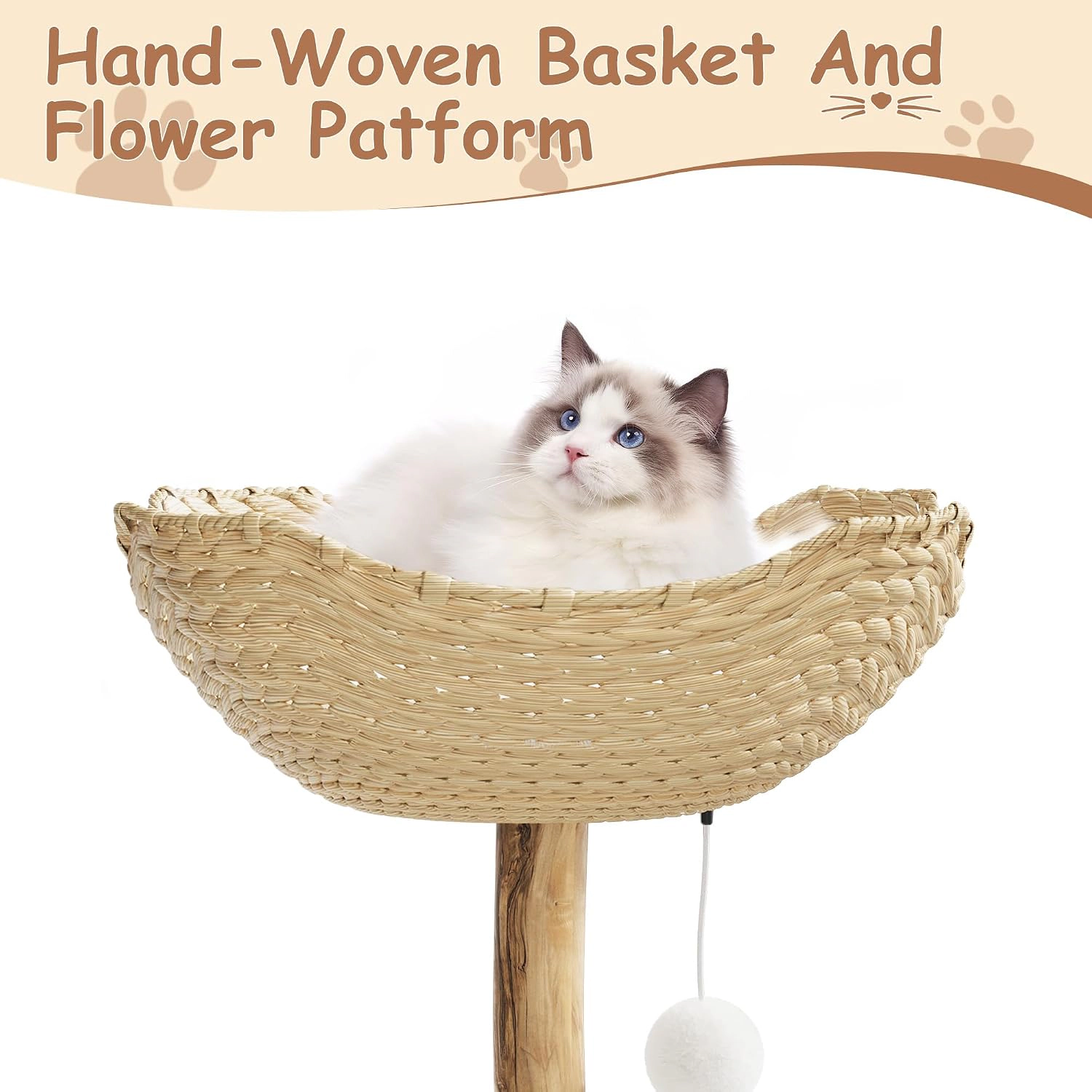 43-Inch Wood-Rattan Cat Tree Tower, Multi-Level Indoor Cat Condo Perch Without Tree Branch