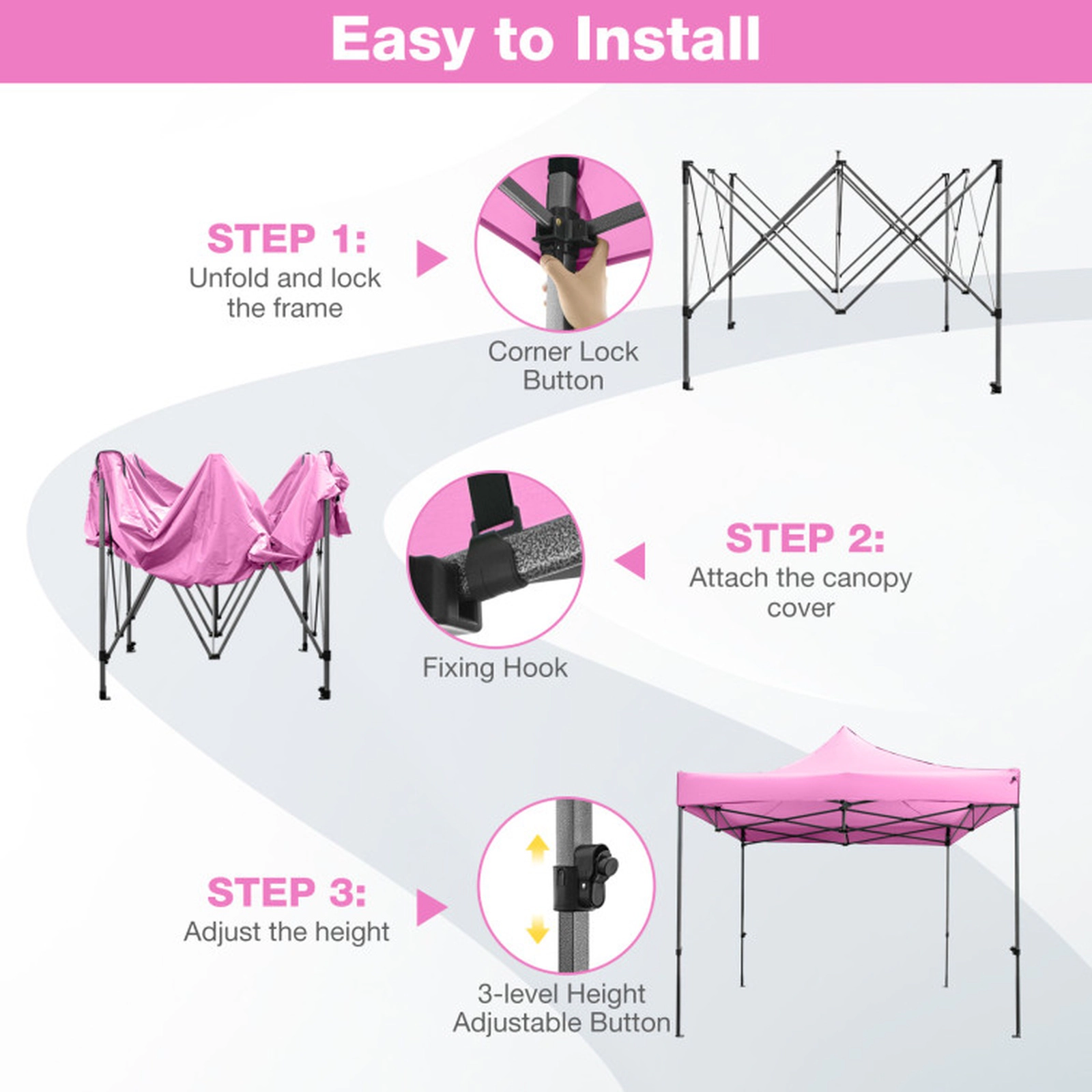 SUGIFT Pink Pop Up Canopy Gazebo Tent with Wheeled Bag and 4 Sandbags 10-ft W 10-ft D 10.1-ft H 6.4-ft Rim Height