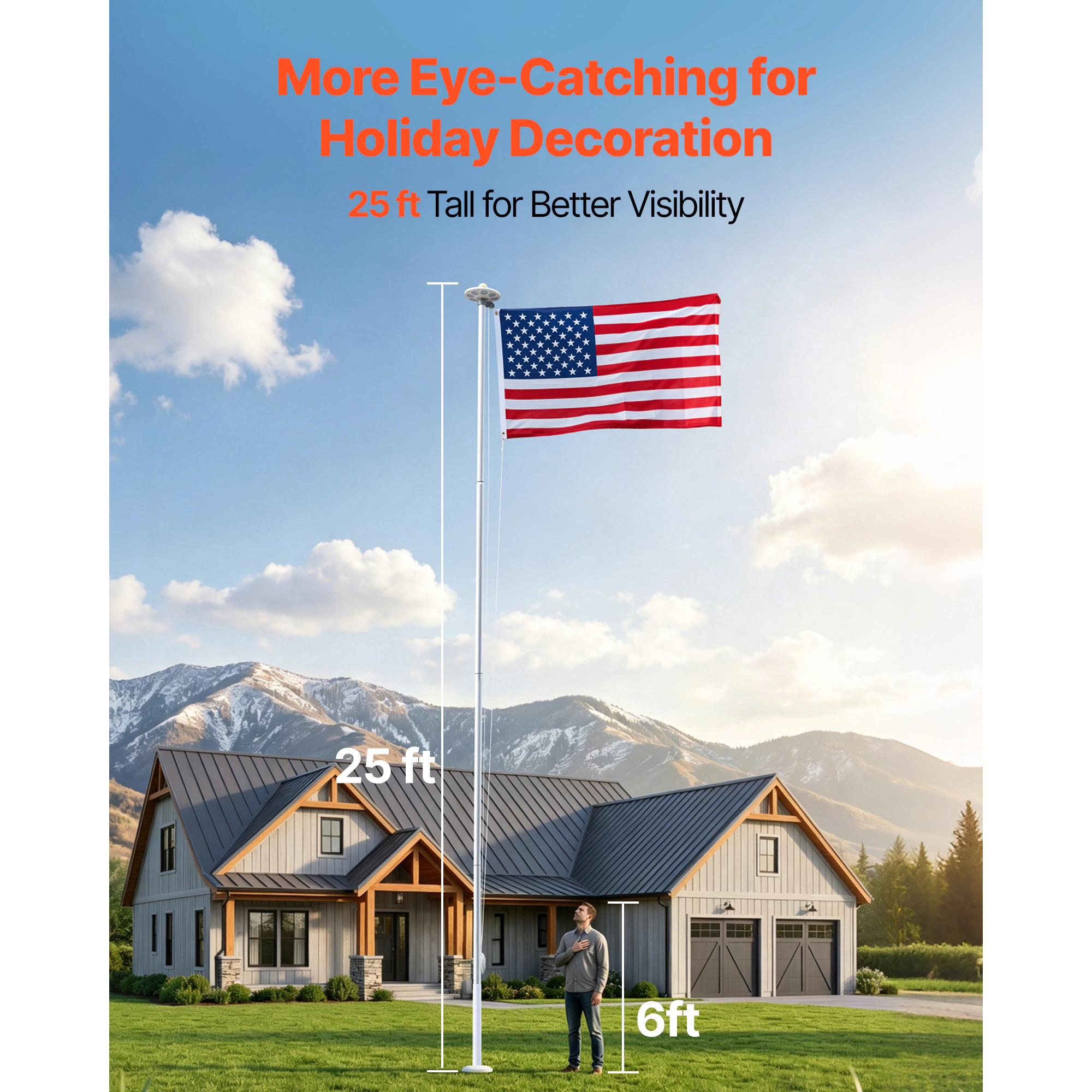 HONGGE 25 ft Sectional Flag Pole Kit with Solar LED Light, Heavy Duty Aluminum, 3x5 American Flag, In-Ground, Silver