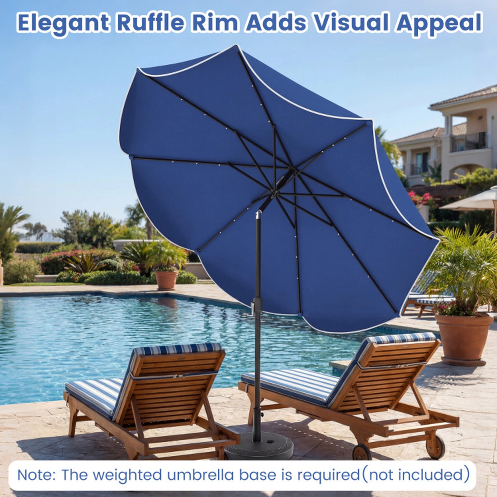SUGIFT 10-ft Scalloped Solar Patio Umbrella with 24 LED Lights Push Button Tilt and Crank Handle 9.7 x 8.4 in Navy