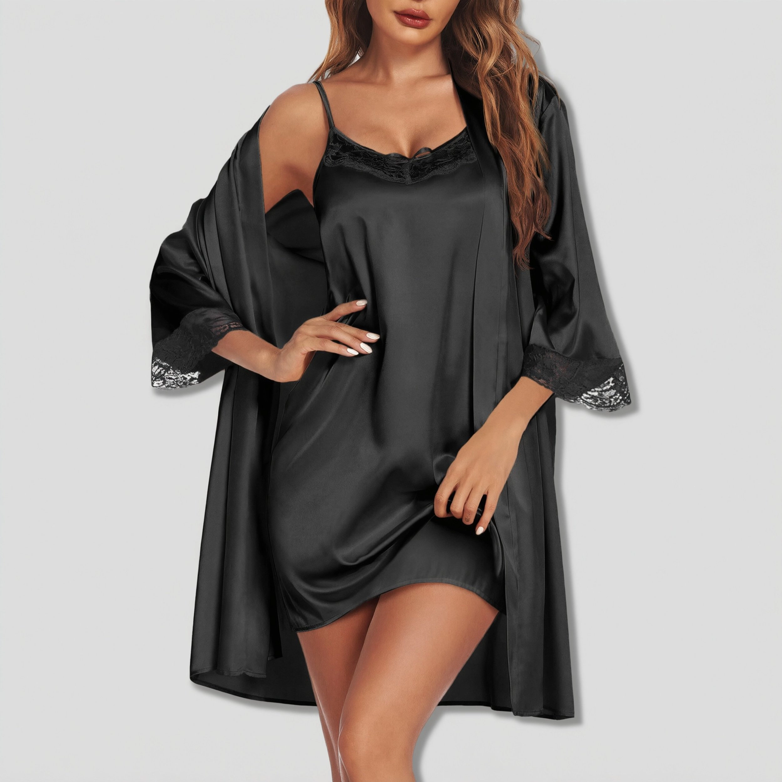 Ekouaer Womens Sleepwear Satin Nightgown with Robes Set Two Piece Lace Cami Nightwear