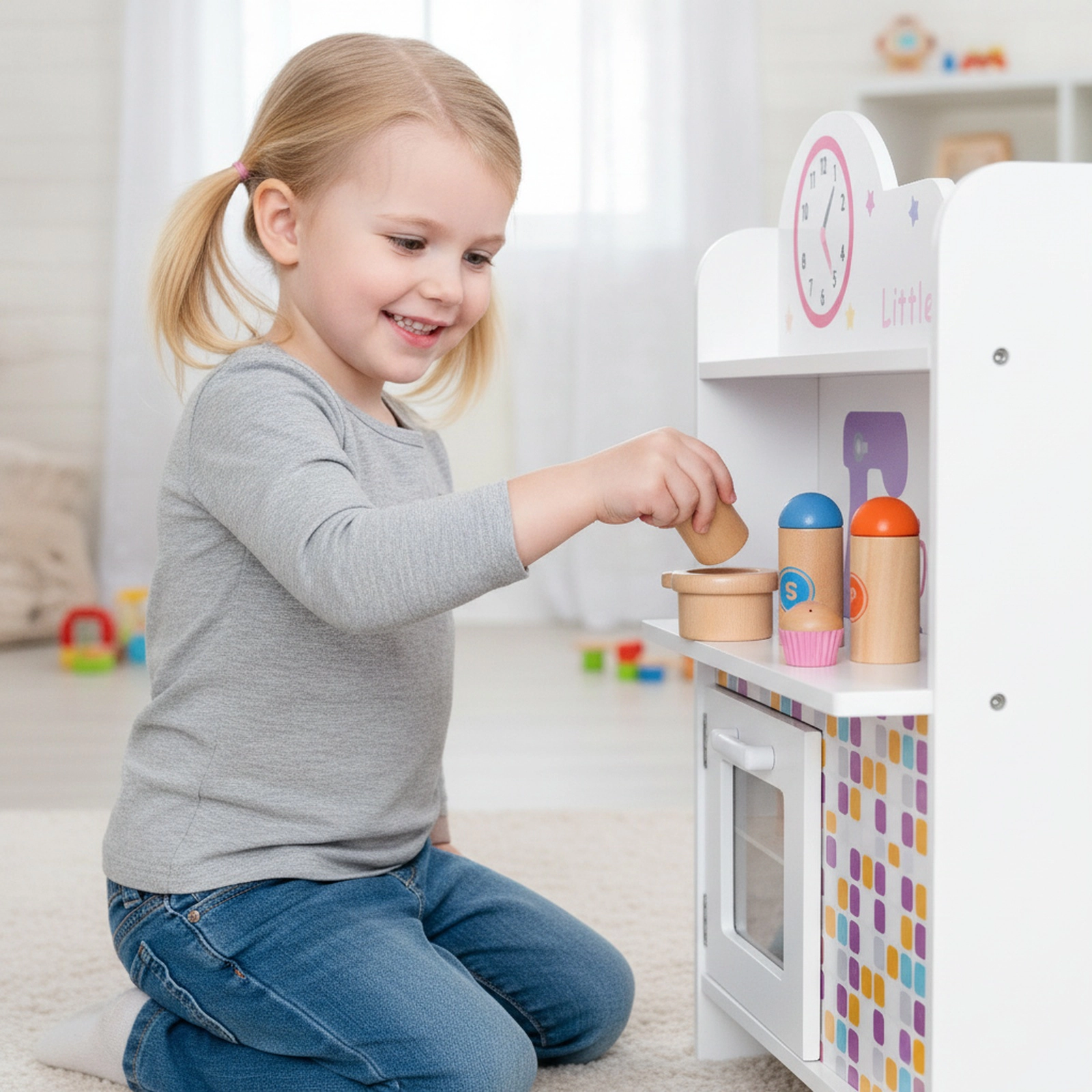 Kids Play Kitchen Playset Opening Cabinet Doors Working Knobs Cookware 23.6-in Compact Wooden Kitchen Set Ages 3-8 Pink
