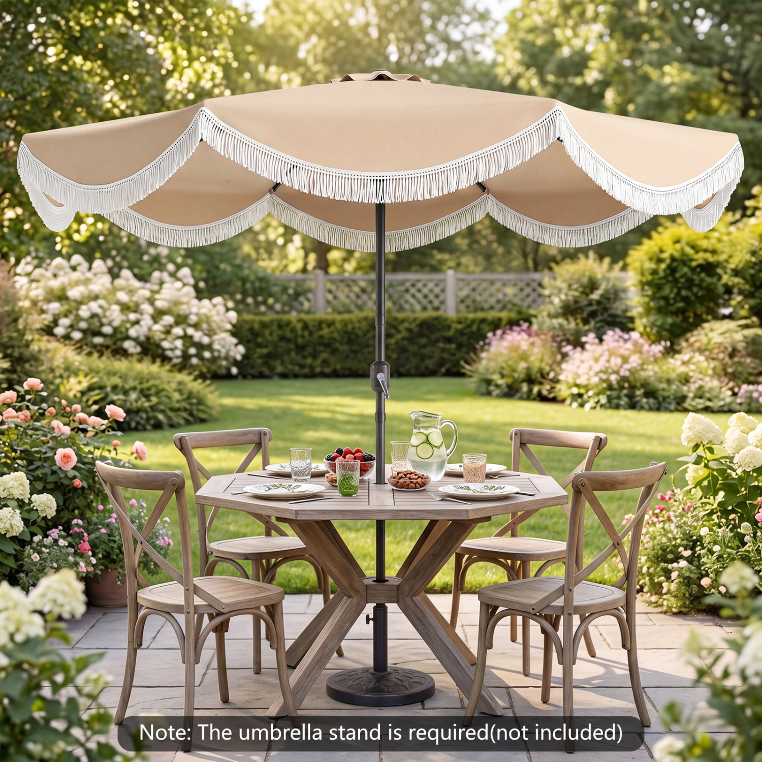 SlickBlue 9 FT Outdoor Patio Umbrella with Tassel Fringe and Tilt Canopy