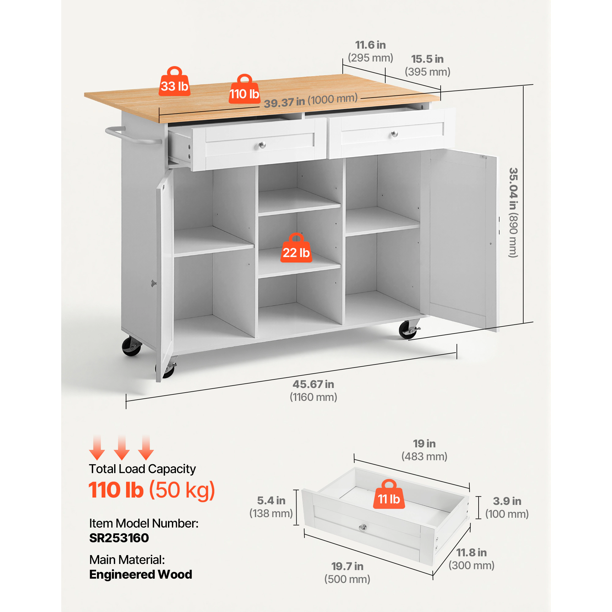 HONGGE Kitchen Island Cart with Storage Mobile Rolling Storage Island on Swivel Wheels with 2 Drawers Storage Cabinet