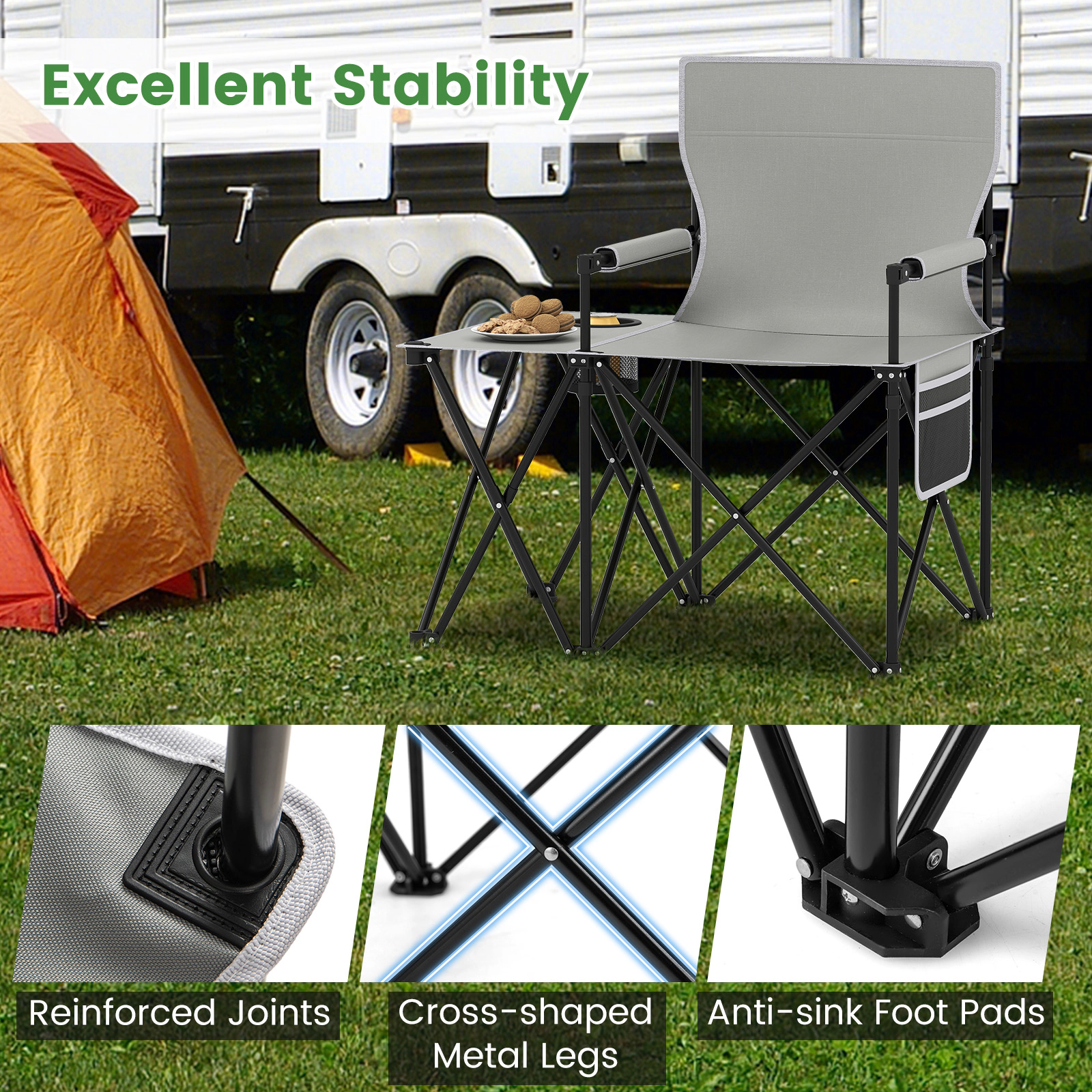 SUGIFT Gray Oversized Camping Chair with Side Table and 2 Storage Pockets 32.5-in W 21.5-in D 330-lb Seat Capacity