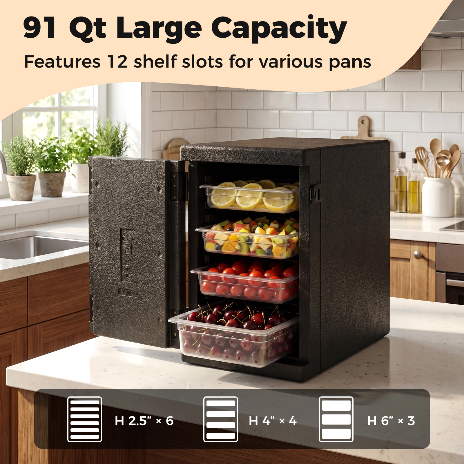 SUGIFT 91-Qt Front Loading 12 Shelf Dividers Insulated Food Pan Carrier 25-in x 17.5-in x 24-in 550-lb Capacity Black