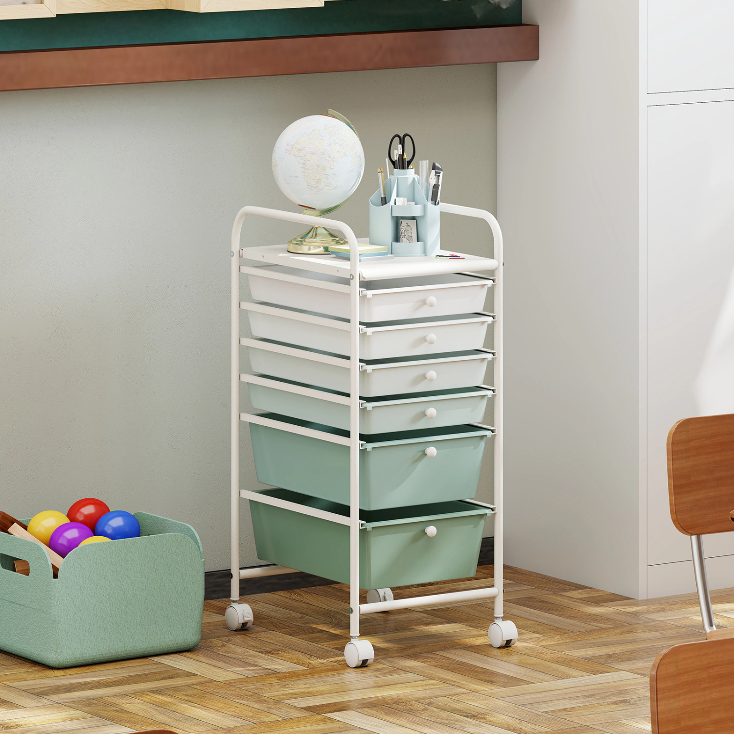 SUGIFT Green Gradient 6-Drawer Rolling Storage Cart Mobile Plastic Drawer Organizer with Locking Casters