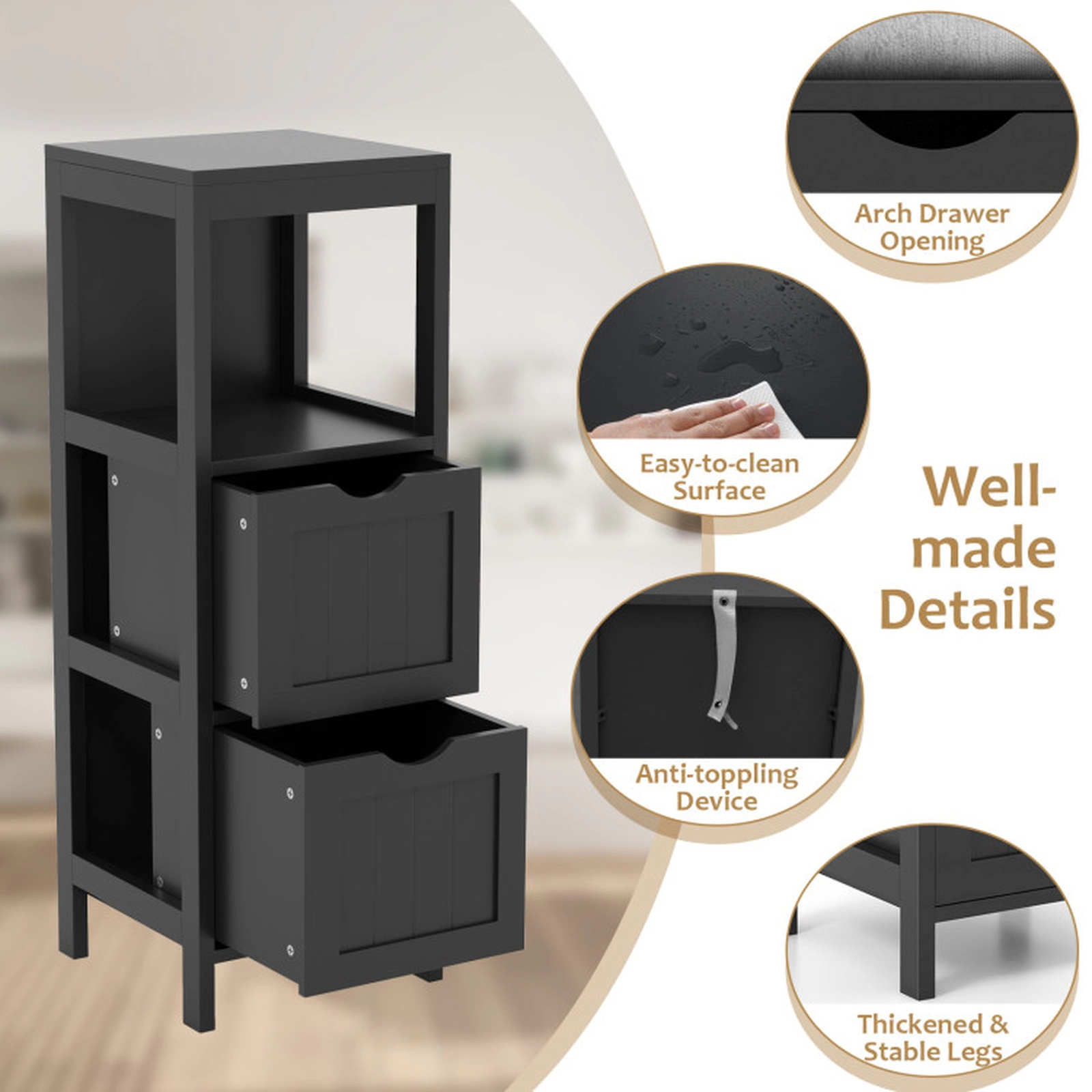 SUGIFT 4-Tier Storage Cabinet with 2 Removable Drawers 22-lb Top and Bottom Capacity Bathroom White/Gray/Brown