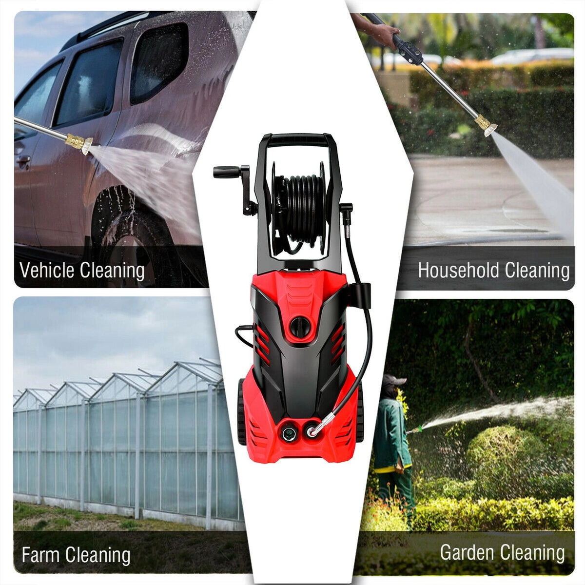 SUGIFT 3000-PSI 2-GPM Red Electric Pressure Washer with Patio Cleaner Hose Reel and 5 Steel Nozzles