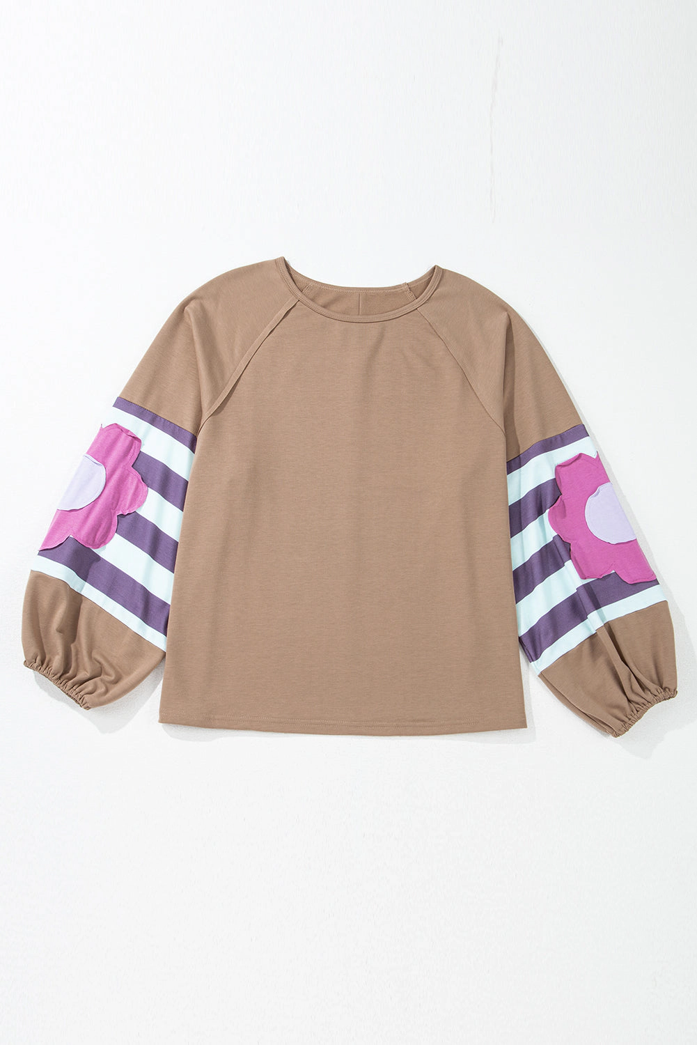 Threaded Pear Women's Light French Beige Flower Striped Patchwork Puff Sleeve Loose PLUS Sweatshirt