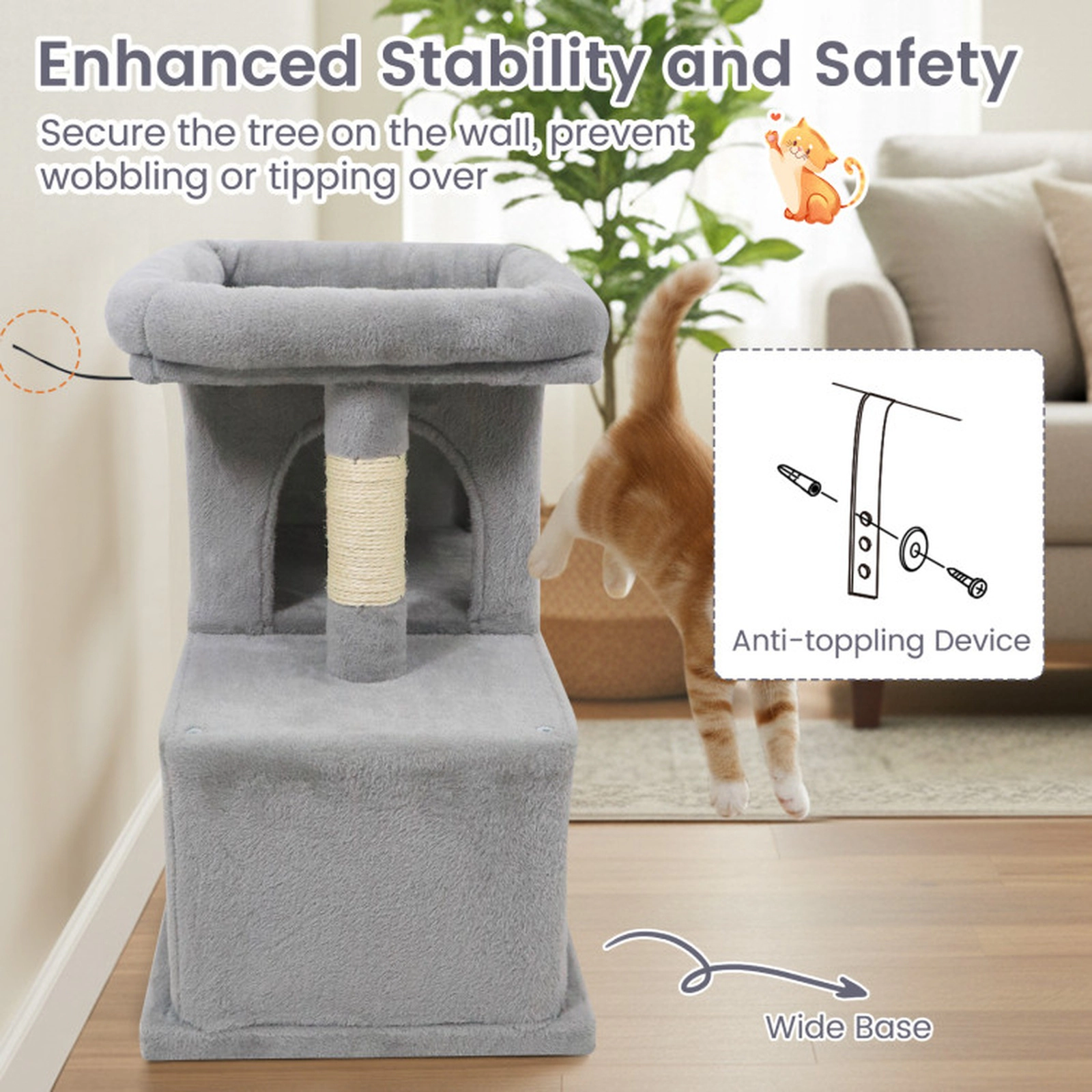 SUGIFT Modern Cat Tree Tower with Upholstered Perch & 2 Cat Condos 22-lb Capacity Each Layer 25.5-in Tall Gray