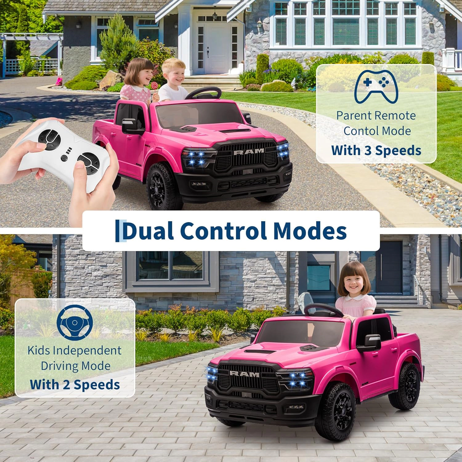 2 Seater Kids Electric Car, Licensed RAM 2500 24V Ride On Truck w/Remote, Bluetooth, 3 Speeds, LED, Suspension, Trunk