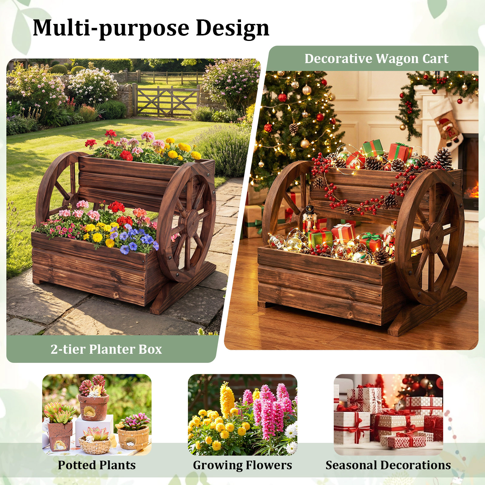 SUGIFT 2-Tier 11-lb Capacity Coffee Fir Wood Wagon Raised Garden Bed Planter with Drainage Hole and Wheels