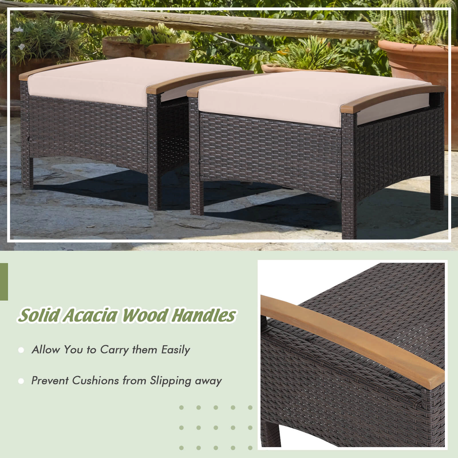 SUGIFT Set of 2 Brown Wicker Patio Ottomans with Acacia Handles and Washable Cushions