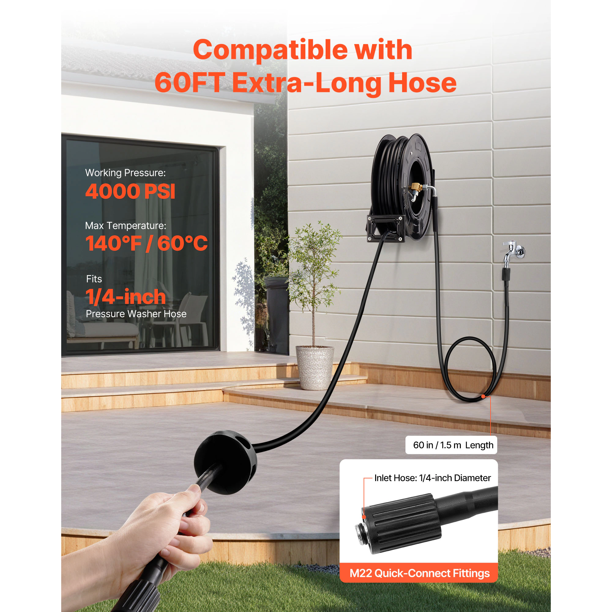 HONGGE Pressure Washer Hose Reel, Auto-Rewind 60 ft x 1/4-inch Steel Reel, 4000 PSI, Wall/Floor Mount