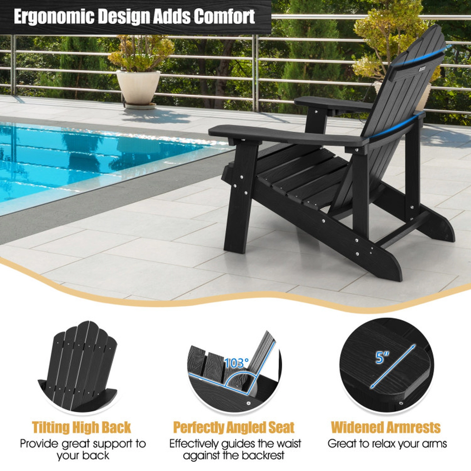 SUGIFT Black Adult and Kids Adirondack Chair Set of 2 with Cup Holder 33.5-in W 30-in D 380-lb Seat Capacity