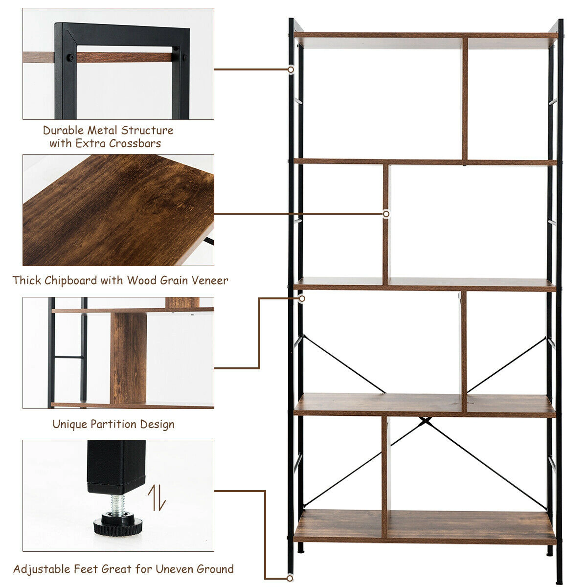 SUGIFT Rustic Brown 4-Tier Industrial Freestanding Bookshelf with Metal Frame