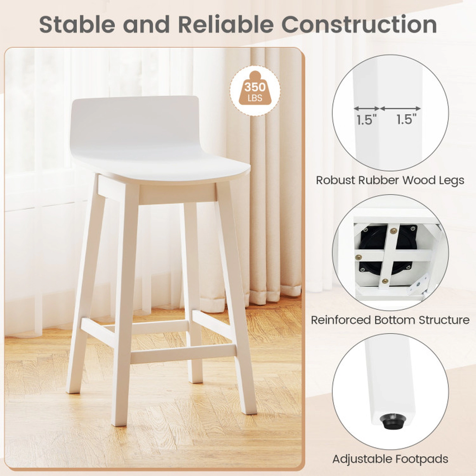 SUGIFT 24.5-in Seat Height Swivel Wooden Bar Stools Set of 2 with Rubber Wood Legs 350-lb Capacity Low Back White