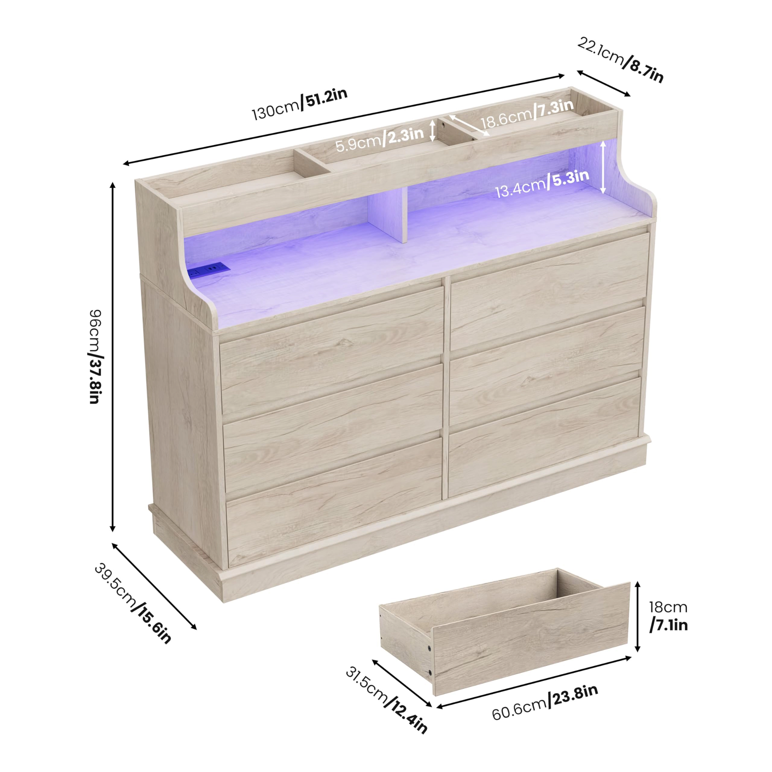 6 Drawer Dresser with RGB LED Lights & Charging Station, Wide Storage Chest with Open Shelf for Bedroom Living Room