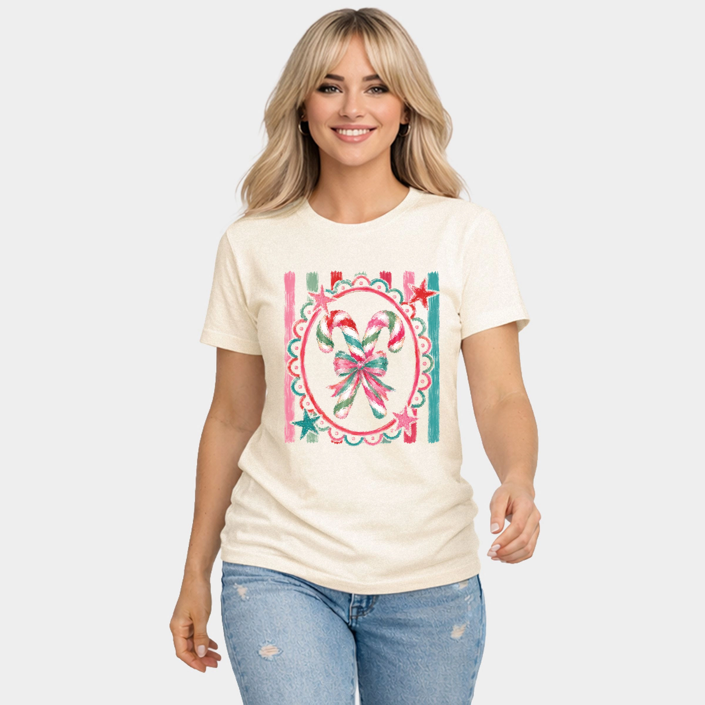 Simply Sage Market - Women's Short Sleeve Graphic T-Shirt Candy Cane Coquette Watercolor