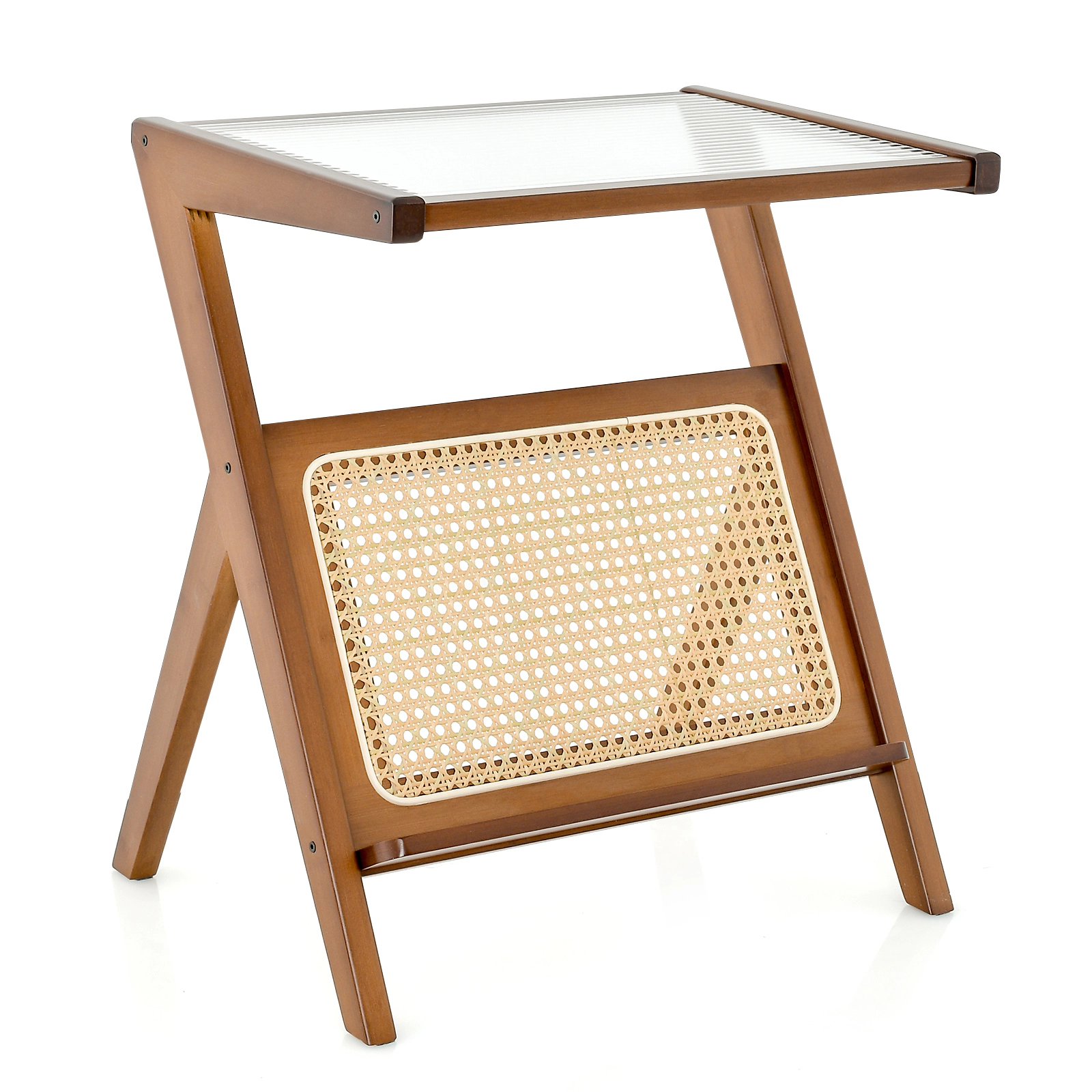 Glintex Boho End Table with Tempered Glass Top Rattan Trim and Bamboo Z-Frame