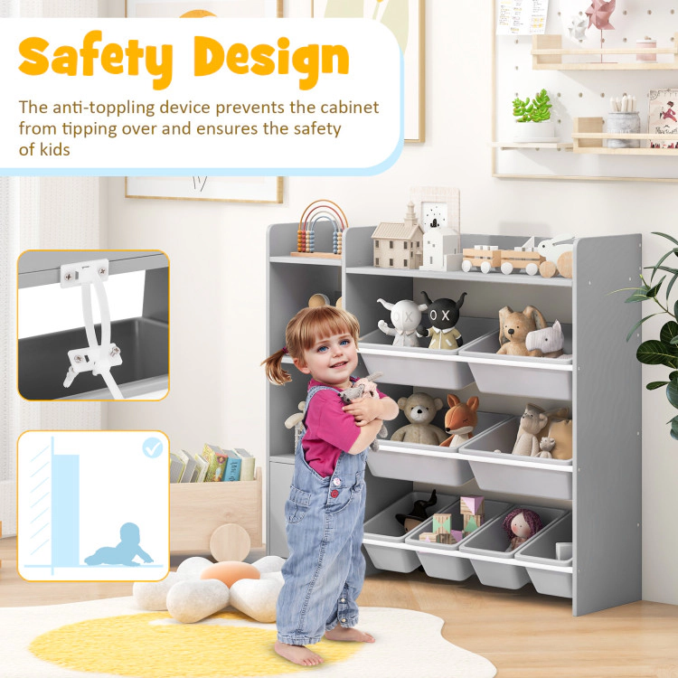 Hivvago 4-Tier Kids Bookshelf and Toy Storage Rack with 8 Toy Organizer Bins-Grey