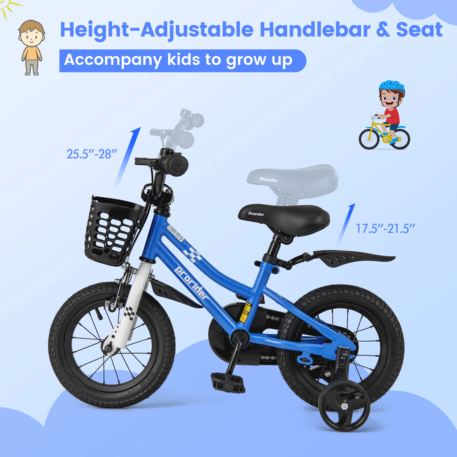 12-in Toddler Bike Training Wheels 5-Layer Pneumatic Tires Mudguard 31.5-in to 41.3-in Ages 3-4 Navy