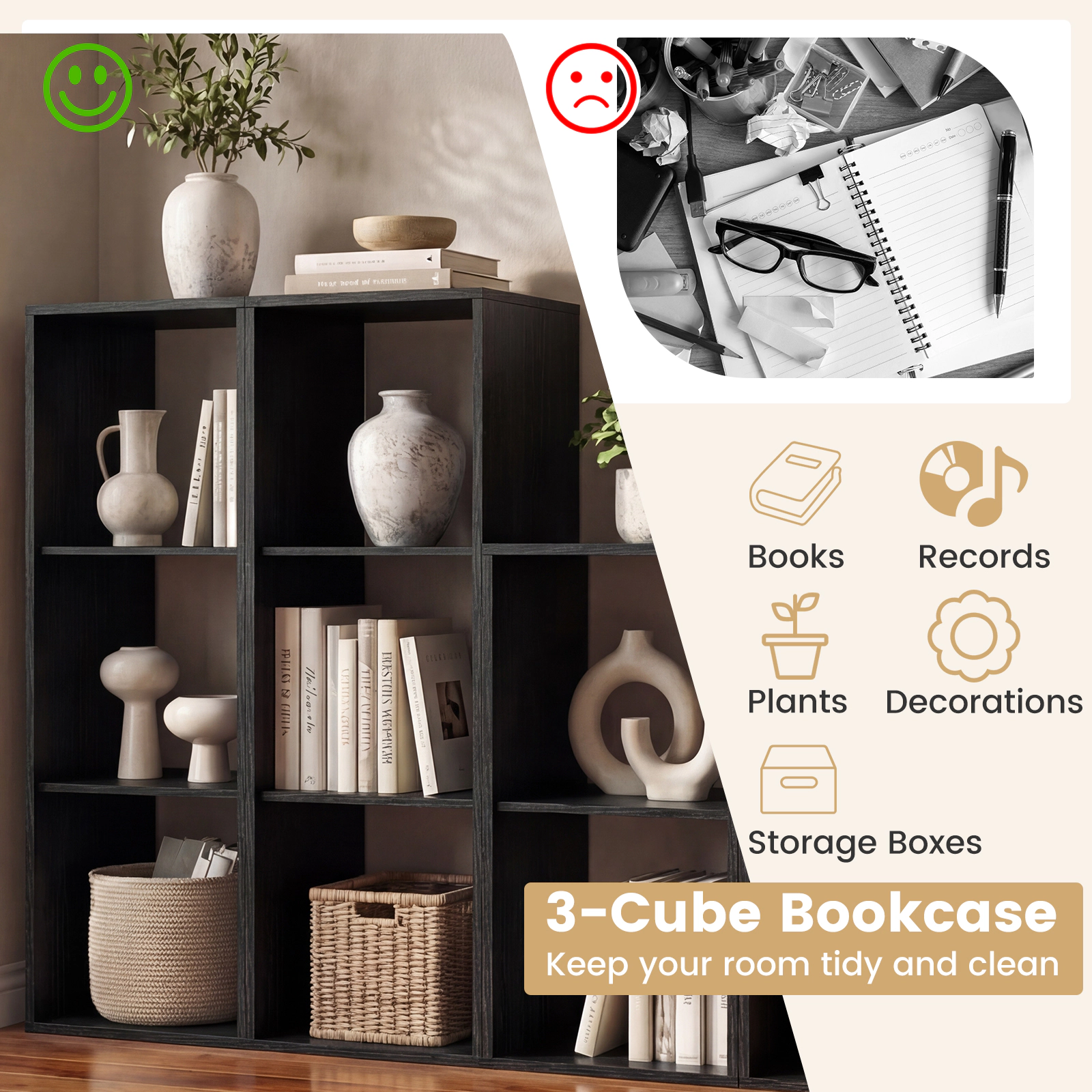 SUGIFT 3-Cube Bookshelf 41 Tall with Back Guardrail and Anti-Tipping Features