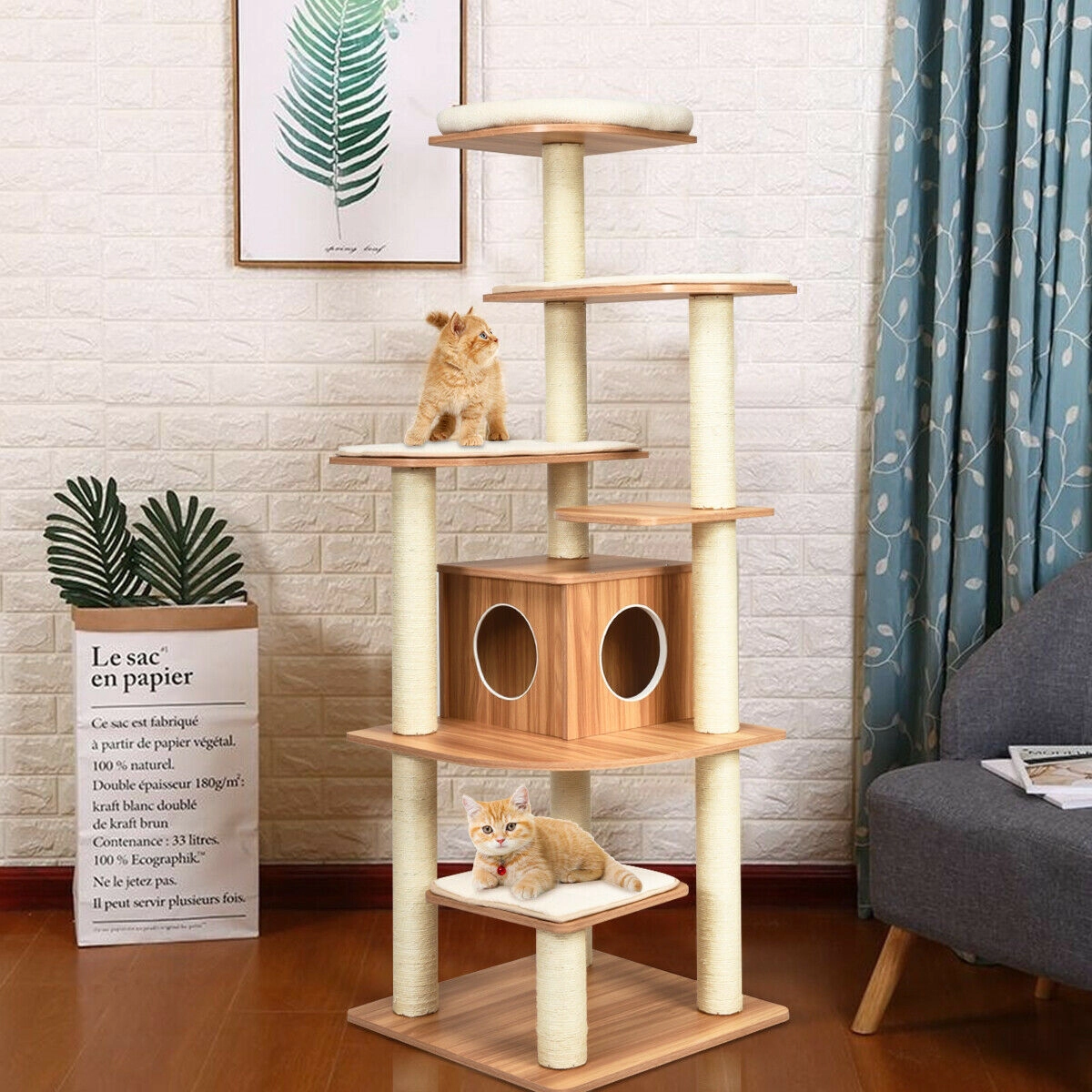 SUGIFT Natural 7-Layer Wooden Cat Tree 71 in Tall with Condo and Sisal Posts