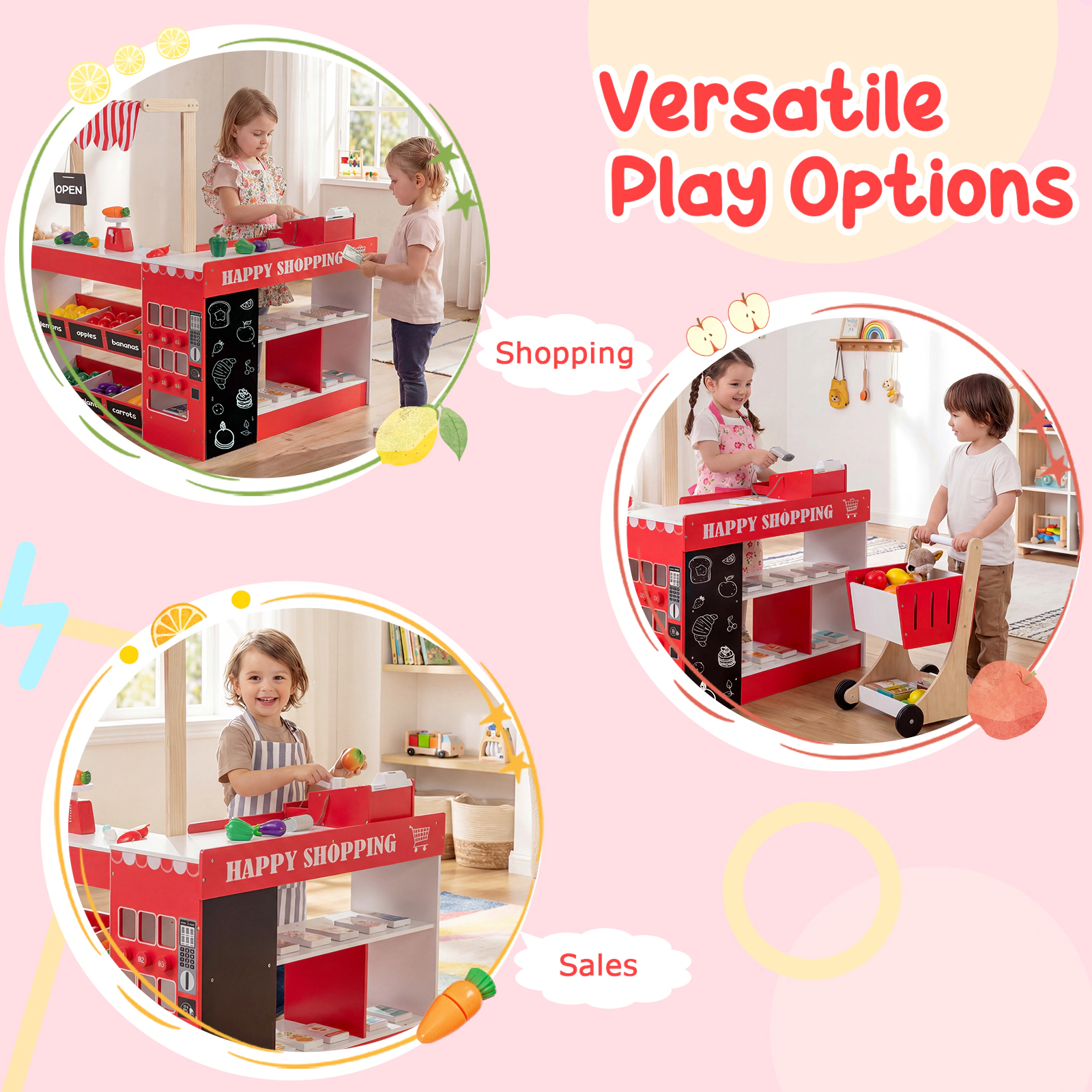 SUGIFT Kids Grocery Store Playset Pretend Supermarket Checkout Counter & Shopping Cart Ages 3+ Gray + White/Natural +