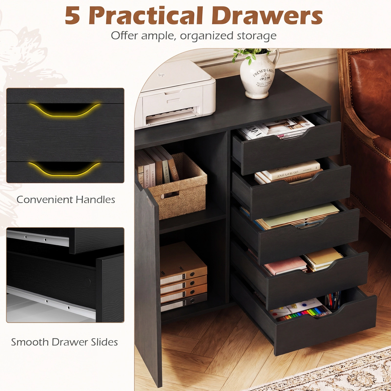 SUGIFT Black 5-Drawer Rolling Printer Stand with Side Storage Cabinet Under Desk Mobile File Cart